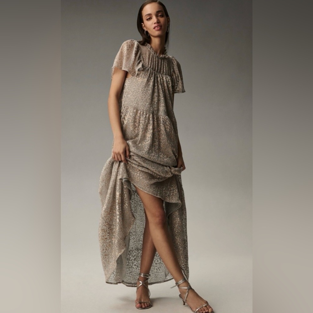 Anthropologie Mock Neck Metallic Maxi Dress Size M